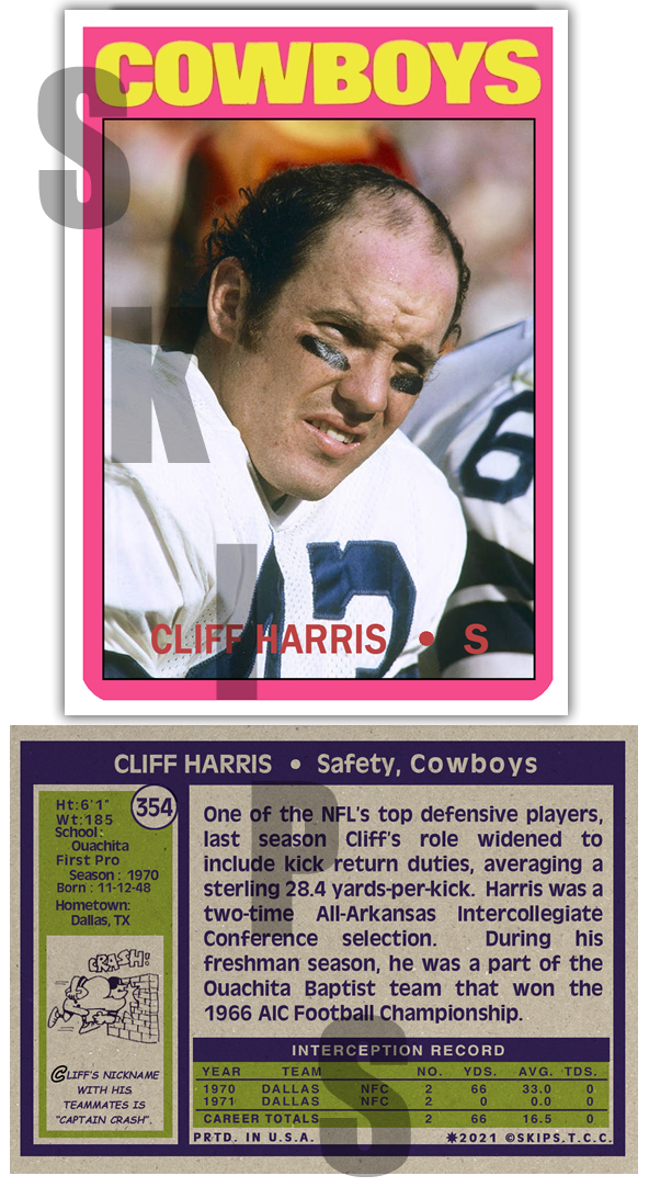 1972 STCC #354 Cliff Harris Topps Dallas Cowboys Custom HOF
